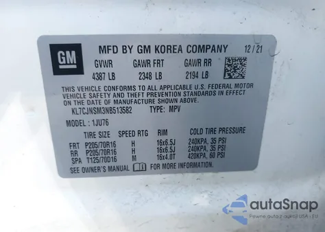 2022 Chevrolet Trax Awd Ls z USA, uszkodzony, nr VIN KL7CJNSM3NB513582